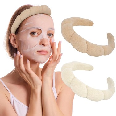 AMCAMI 2 PCS Puffy Spa Headband for Women Sponge Headbands for Girls Terry Towel Cloth Fabric Head Band for Skincare, Makeup Removal(Beige&amp;Light coffee)