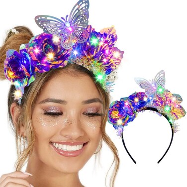 Light Up Flower Headbands Big Butterfly Laser Rave Hairbands Leaf Headpiece LED Women Headbands