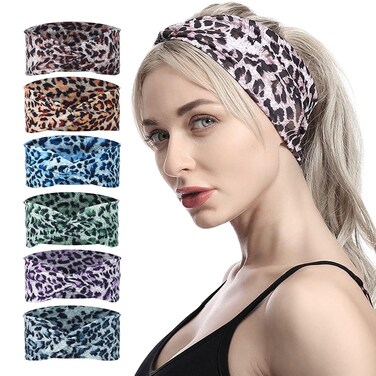 6 Pcs Women Knotted Cheetah Headband Cross Hairband Sports Yoga Hair Ties Leopard Print Turban Headwear Headwrap Workout Girls Ladies Hair Accessories