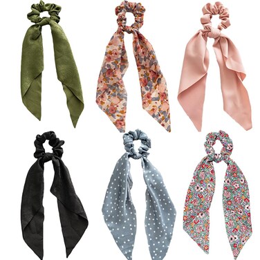 Satin Floral Hair Accessories Set - Chiffon Scrunchies, Ribbon Bows, Hair Ties, and Ponytail Holders for Women and Girls (6Pcs)