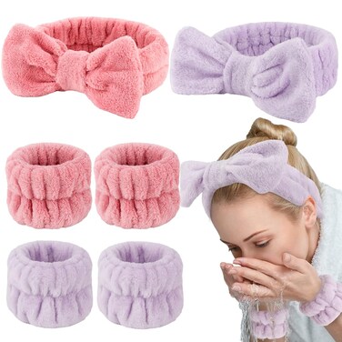 WHAVEL 6PCS Spa Headband and Wristband Set, Face Wash Headband Makeup Skincare Headband Wrist Bands for Washing Face