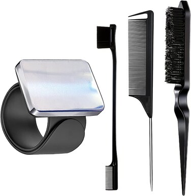 Magnetic Wristband for Hair Stylist, 4 Pieces Hair Braiding Tool with Edge ＆Teasing Brush, Rat Tail Comb, Braider Wristband for Black Hair, Daily Silicone Sewing Pincushion (Black)
