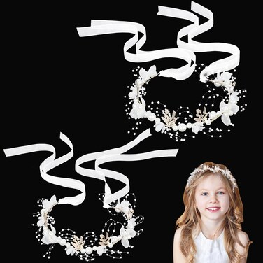 2Pcs Flower Girl Headpiece Headband, Flower Girl Pearl Hair Vine Princess Rhinestone Crystal White Flowe Hair Accessories Wedding Hair Accessories for Women Girls