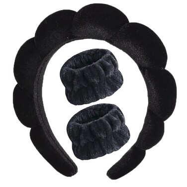 Luckybear Spa Headband for Washing Face, Velvet Makeup Headband, Bubble Skincare Headbands with Face Wash Wristbands, Sponge Puffy Headband for Women Skin Care - Black