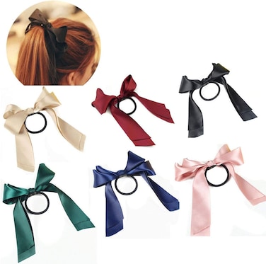 6 PCS Women Lady Satin Ribbon Bow Hair Rope Head Wrap Headbands Elastics Hair Tie Ponytail Holders Hair Accessories Headdress
