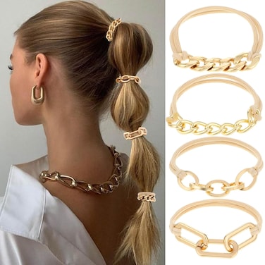 4Pcs Gold Hair Ties Bracelet, Metal Elastic Hair Bands Ponytail Holder Rip Tie Hair Accessories Elastic Rubber Hairband Hair Cuffs for Thick Thin Curly Hair Trendy Gold Bead Jewelry Gift(Gold)