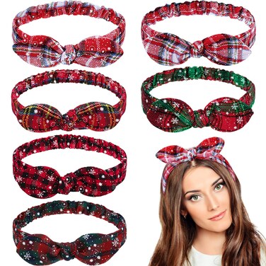 Christmas Headbands Red Plaid Headbands Snowflake Bow Bandana Knot Headwrap Retro Elastic Rabbit Ear Hairband for Girls and Women Christmas Party (Cute Patterns)
