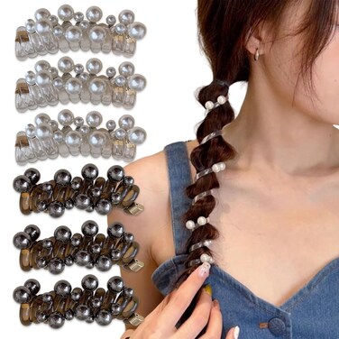 6 PCS Pearl Braided Telephone Scrunchies Spiral Stretchy Ponytail Holders Hair Bands Phone Cord Hair Ties for Women Girls Hairpin Daily Use