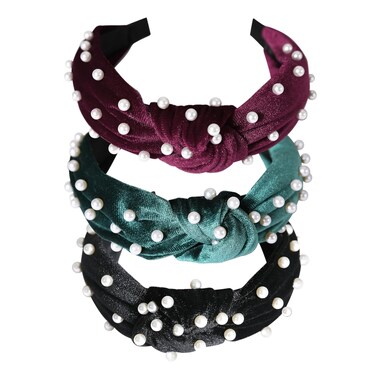 Somlatrecy 3pcs Women Pearl Knotted Headband Girls Vintage Velvet Hairband Wide Hair Hoop Hair Accessories Green Red Black