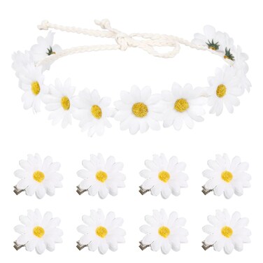 1PC Flower Crown Headband and 8PCS Daisy Hair Clips for Hair Hippie Sunflower Floral Headbands for Women Girls Small Flowers Hair Clip Bride Wedding Bridesmaid Hair Accessories, 9 Packs (White)