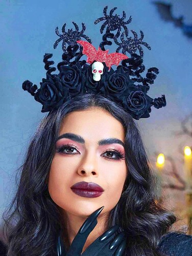 Woeoe Halloween Spider Headband Black Day of The Dead Floral Hairband Flower Skull Costume Party Headpiece for Women and Girls (Color-G)