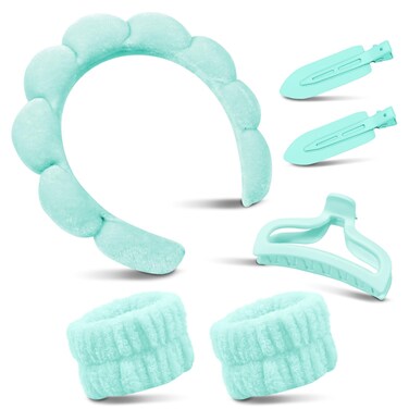 Spa Headband For Washing Face, Skincare Headband With Hair Clips, Cute skincare headband and wristband set for Women, Soft-Puffy Velvet Makeup Headbands, for Face Washing, Makeup, Skincare (Green)