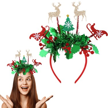 Christmas Headbands Xmas Tree Headband with Cute Reindeer and Sled Designs Red Christmas Hair Hoop Christmas Headbands for Women (Xmas Series 1 Pcs)