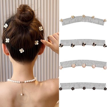 4 Pcs Metal Wavy Headbands Pearl Butterfly Flower Hairband Shredded Hair Comb Fashion Black Flower Hair Bands Non-Slip Hair Accessories Holder for Women