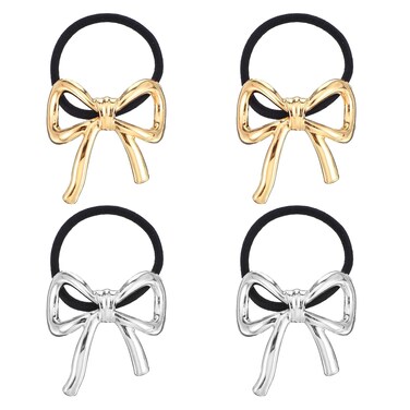 4PCS Metal Bow Hair Ties for Women Girls, Gold Silver Bowknot Hair Tie Elegant Elastics Rubber Bow Scrunchies, Hair Cuff Ponytail Holder Hair Accessories for Long Thick Thin Curly Hair Styling