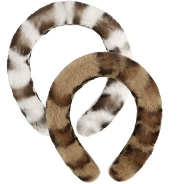 Set of 2 Faux Fur Headband for Women Girls Cute Stylish Fluffy Hairband White Brown Headwear Makeup Spa Skincare Headband Soft Fashion Hair Accessories (White Leopard, Khaki Brown Leopard)