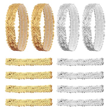 Silver Headband and Gold Headband, 12 Pack Sequin Headband Sparkle Disco Headband Adjustable Elastic Glitter Head Bands for Girls Hair, Sparkly Fashion Elastic Headbands for Women Girls Dance Party