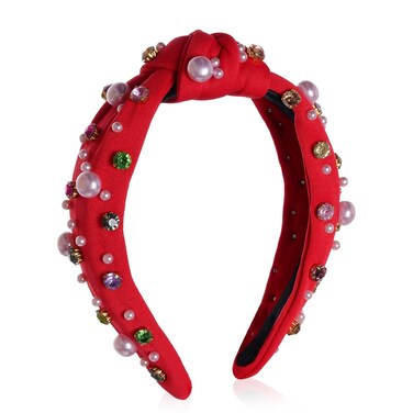 baotongle Red Headband for Women Valentine's Day Xmas Red Peal Headband Embellished Crystal Pearl Knotted Headbands Knot Holiday Headband Christmas Hair Holiday Gifts (Red, 38x13m/15x5.1inches)