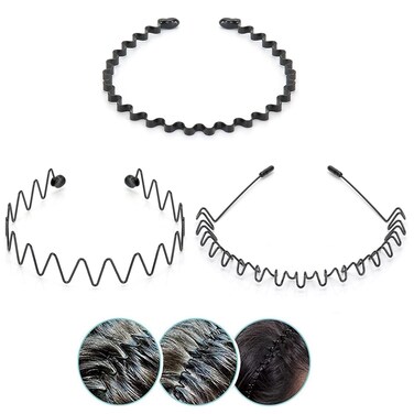 CAMKONG 3PCS Metal Hair Band for Men Headbands Women Wavy Hairband Spring Hair Hoop Sports Fashion Hair Bands Unisex Black Elastic Non Slip Simple Headwear Accessories