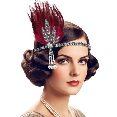 1920s Feather Flapper Headband Vintage Red Headpiece Gatsby Party Headband Red Feather Headpiece Roaring 20s Headband for Women