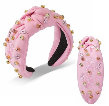 Holiday Pink Ribbon Headband for Women Rhinestone Breast Cancer Awareness Pink Ribbon Fright Embroidered Knot Wide Headband Hair Accessories Holiday Gifts (Pink Ribbon)