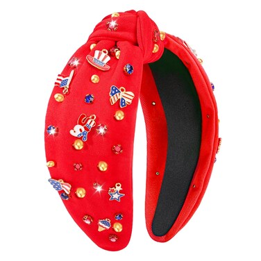 Headband, 4th of July Red Headband for Women, American Flag Knotted Headband with Star Crystal USA Charm, Patriotic Accessory for Memorial Day, Independence Day, Fourth of July Outfits
