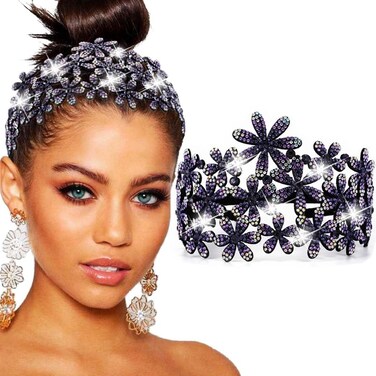 Rhinestone Wide Headband Glitter Flower Hairband Crystal Turban Head Bands Non Slip Headhoop for Women (Light purple)