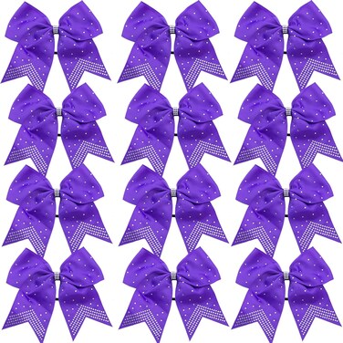 Hipcheer 12PCS 8" Rhinestones Large Cheer Hair Bows for Girls, Hand-made Grosgrain Ribbon Hair Accessories for Teen Girls Softball Cheerleader Sport (Purple)
