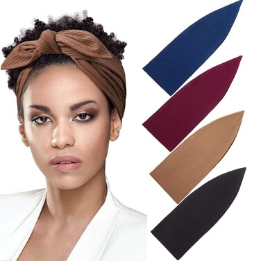 Syhood 4 Pieces Ribbed Headband Ribbed Stretch Bandie Stretchy Hairband Soft Head Wrap Turban Headband Boho Hair Band for Women Hair Accessories, 4 Colors(Black, Red, Sapphire Blue, Brown)