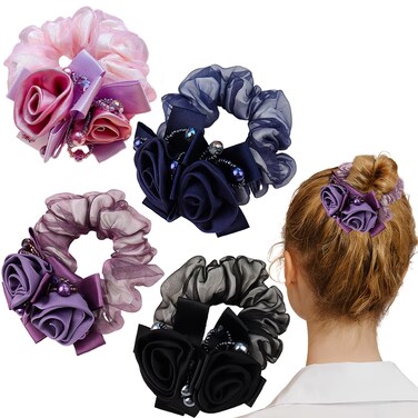 4 PCS Rose Flower Lace Hair Scrunchies Ties Elastics Bands Hairbands Ponytail Holders Floral Headbands Stretchy Elastic Hair Band Scrunchy