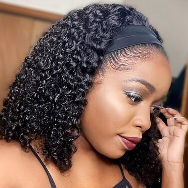 Semicaop Headband Wig Human Hair Curly Wigs for Black Women 12 inch Wigs Human Hair Glueless Wear and Go None Lace Front Wig Headband Wigs Machine Made 180% Density Natural Color