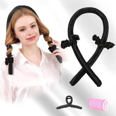 100% Mulberry Silk No Heat Hair Curler Headband Silk Heatless Curling Rod for Long Hair for More Comfortable Sleep Overnight, Black