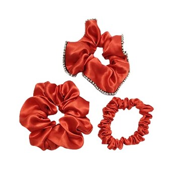Premium Silk Hair Scrunchies Set of 3, Silky Hair Bands Gift Set for Women, 01 Rhinestone Hairband, 01 Medium Hairband, 01 Small Hairband (Bright Red)