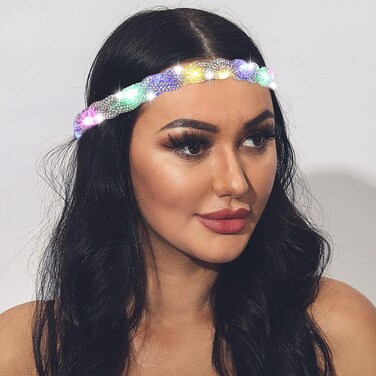 Light Up Rhinestone Headbands Led Glowing Hair Band Crystal Forehead Head Chain Sparkly Rave Party Costume Hair Accessories for Women and Girls (Sliver)