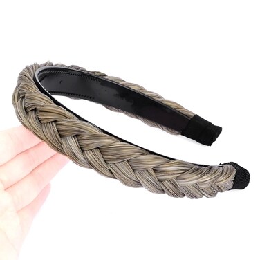 DIGUAN Headband Synthetic Hair Plaited Headband Braid Braided With Teeth Hair Band Accessories for Women Girl Width 1 Inch (White Gray Brown)