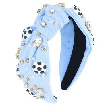 YARIEW Soccer Headband for Women Wide Knotted Jeweled Headband for Women Girls Top Knot Headband for Women Soccer Accessories Game Day Sports Fan Mom Halloween Christmas Gifts (Blue)