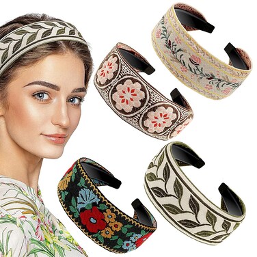 EBOOT 4 Pieces Boho Headband for Women Embroidery Wide Hair Band Bohemia Floral Knotted Wide Headbands Vintage Ethnic Style Girls Accessories(Classic Pattern)