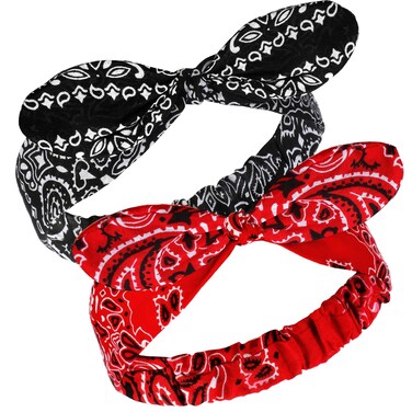 Hicarer 2 Pieces Bandana Headband for Women, Knot Retro Print Bandana Paisley Print Headband Adjustable Headwrap(Red, Black)