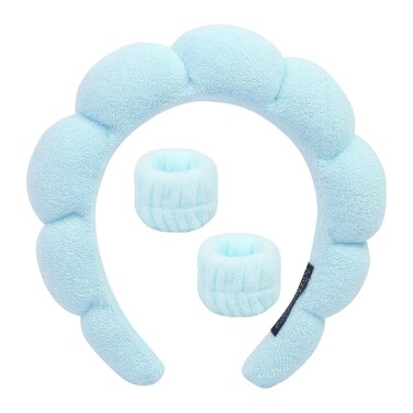 Tobeffect Spa Headband for Washing Face and Wristbands Set, Skincare Makeup Sponge Headbands for Women and Skin Care Wristband Wash Face, Terry Cloth Bubble Head Band Puffy Padded Hairband
