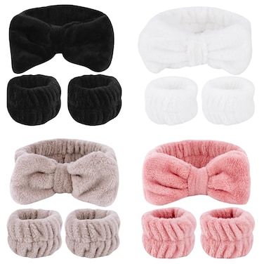 AOPRIE SPA Headbands for Washing Face Makeup Headbands with Bow Hair Band Women Facial Head Band Wrist Towel Wraps For Shower Face Mask Black Pink White, 12 Pack