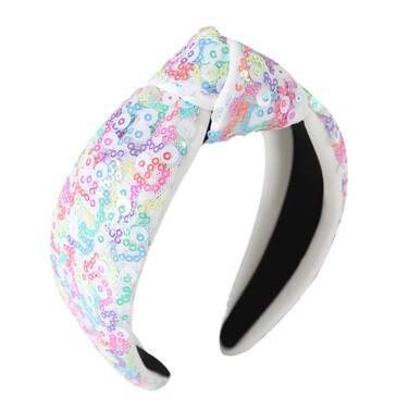Sequin Knotted Headbands for Women Kids Girls Sparkly Beaded Rainbow Headband Fabric Wide Top Knot Glitter Hairband Birthday Holiday Girls Cute Bling Hair Accessories A-White