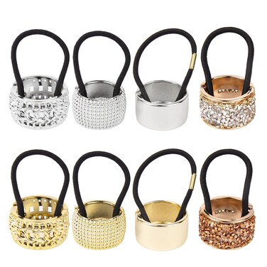 AUEAR, 8 Pack Rhinestone Ponytail Holder Hair Cuffs Gothic Punk Elastic Ties Bands Metal Cuff for Women Accessoires