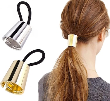 2PCS Metal Circle Hair Cuff Elastic Hair Band Hair Ties Ponytail Holder Buckles Hair Rope Hair Wrap Accessories Punk Hair Rings for High Ponytail(Gold+Silver)