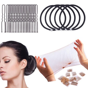 WeKen Hair Bun Accessories Set, 20PCS 20" Individual Package Invisible Hairnets, 20PCS U Shape Hairpin, 5PCS High Elastic Hair Bands for Women Girls Dance Ballet Hair Accessories Kit Light Brown