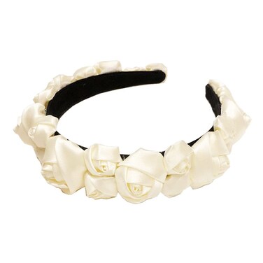 Teensery Satin Rose Flower Headband Romantic Floral Hair Hoop Headpieces for Girls Women Bridal Wedding Party, Ivory