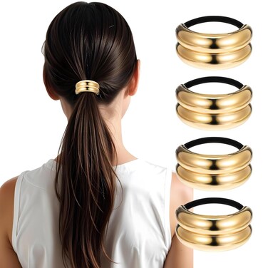 4Pcs Gold Hair Ties, Ponytail Cuffs for Women Metal Hair Holder, Elegant Durable Elastic Hair Jewelry Band Accessories for Party Dating Daily Wear Work