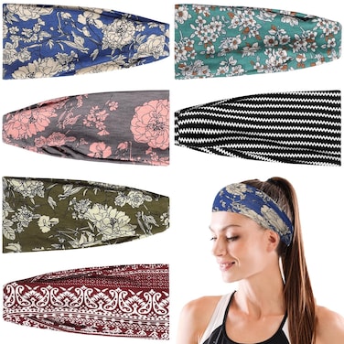 YASUOA 6PCS Boho Headbands for Women Girls, Bohemia Floral Print Headbands Cotton Non-Slip Headbands Flowers Print Keep Tidy Hairbands Sweatbands Bandanas for Sport Daily Head Wear