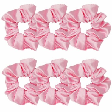 6 Pcs Satin Hair Scrunchies and Ties - Soft Ponytail Holders, Fashion Hair Bands, Bows, Ropes, and Elastics for Women and Girls (4.3 inch, Pink)