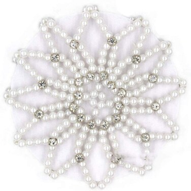 Teensery Hair Bun Cover, Elastic Handmade Crochet Pearl Rhinestone Hair Snood Hair Net Hair Accessories for Women and Girls, Ballet Dance Skating (White, 1 Count)