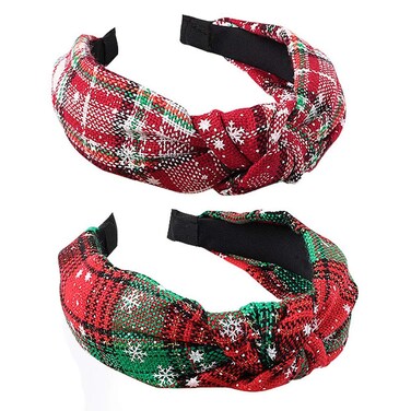 Teensery 2 Pcs Christmas Knotted Headband Snowflake Plaid Hair Hoop Hairband Headwear Hair Accessories for Women and Girls